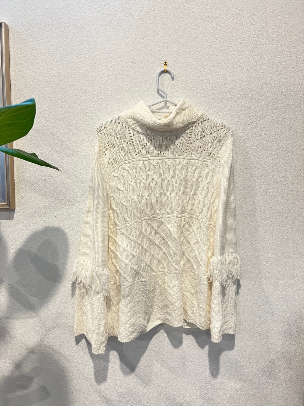 Cozy Cream Cable-Knit Turtleneck Sweater with Fringe Cuffs Boho Embelish